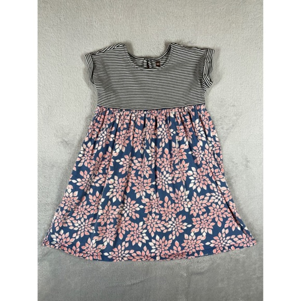 Tea Collection‎ Girls Dress Size 8 Blue Floral Striped Mixed Media Cotton